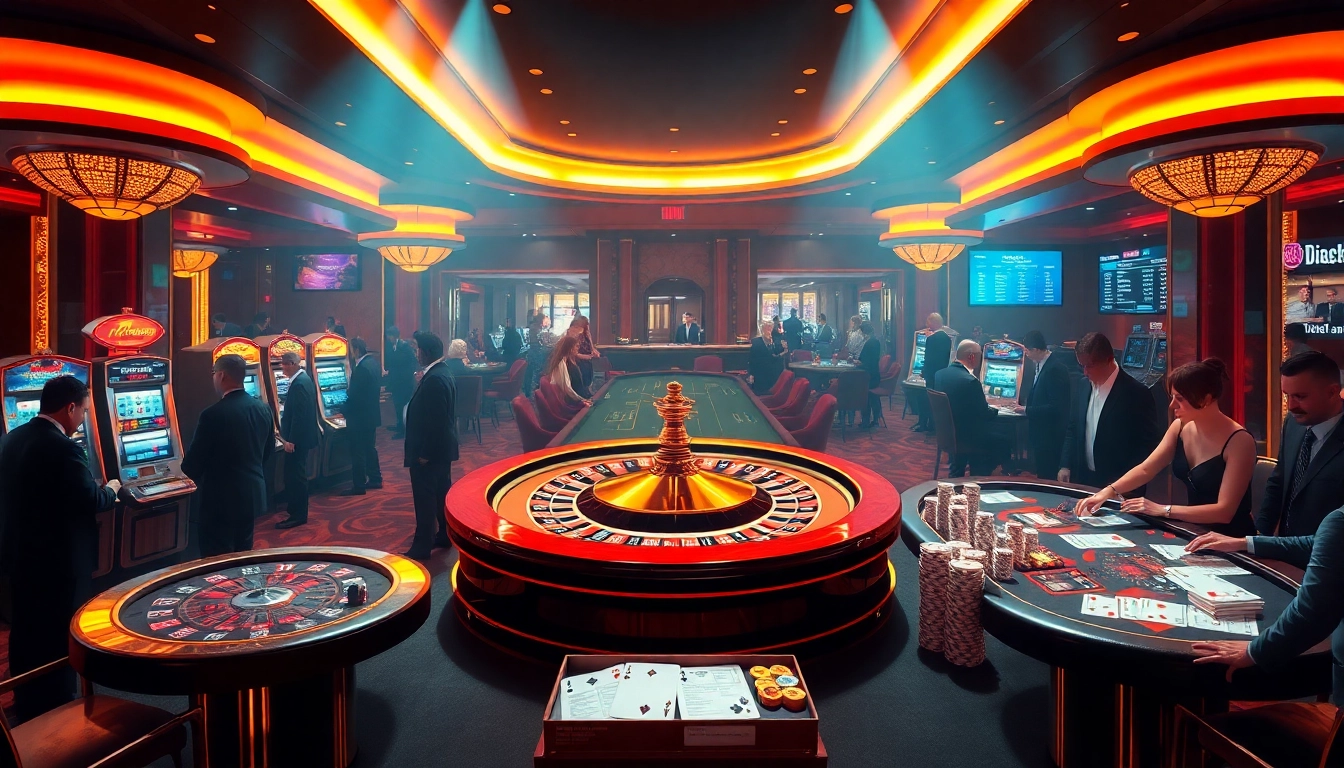 Players enjoying luxury casino games at Hi 88 with roulette wheel, poker tables, and slot machines.