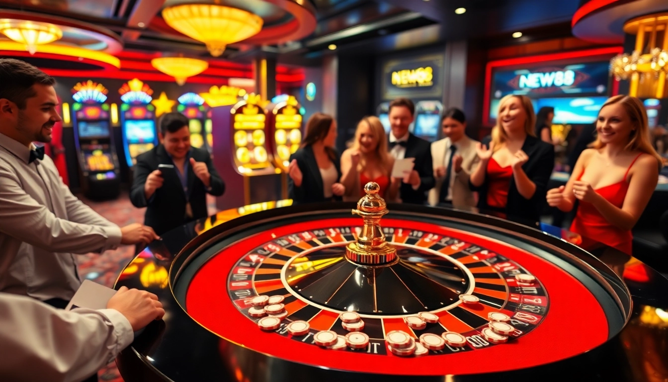 Gambling scene at NEW 88 casino showcasing roulette table and excited players.