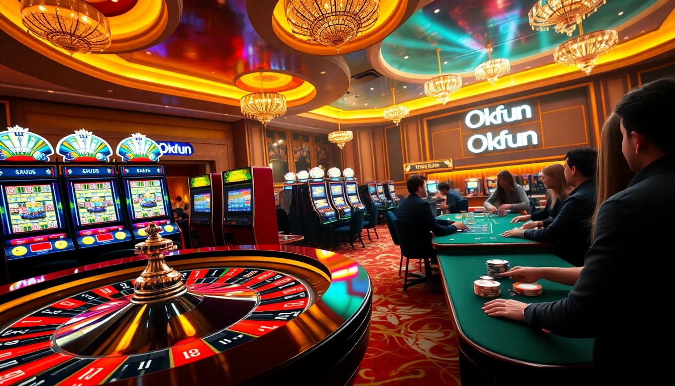 Experience the thrill of Okfun with vibrant casino scenes filled with slot machines and poker tables.