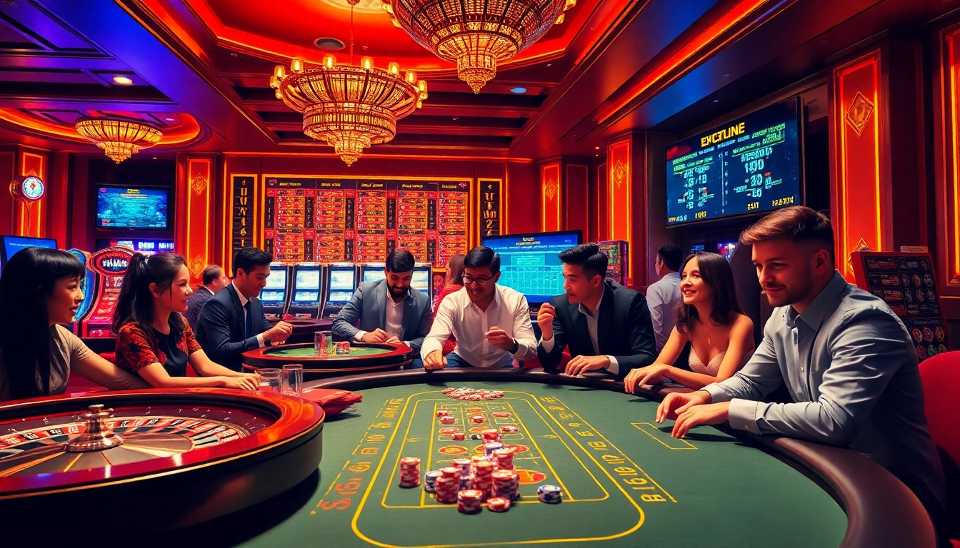 Gamblers enjoying the excitement of online gaming at https://mm88.blog/ with vibrant casino tables and high-stakes action.