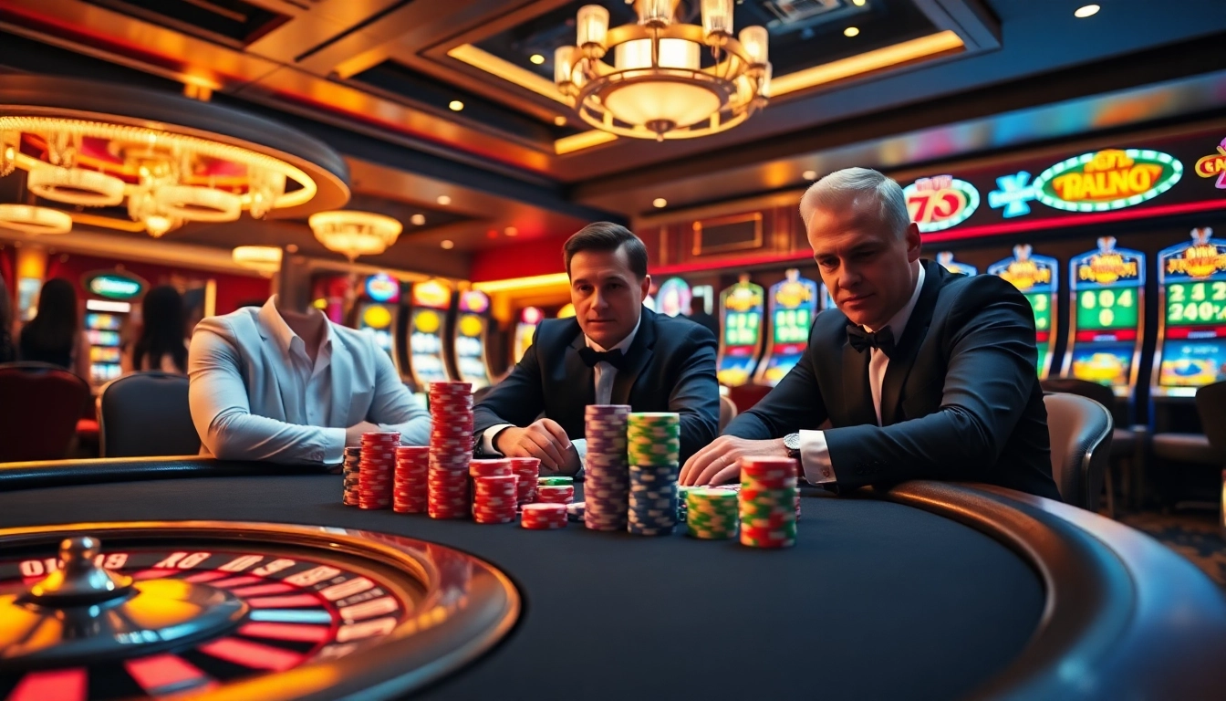 Intense players engaging at an IH777 casino poker table filled with vibrant chips and roulette wheel