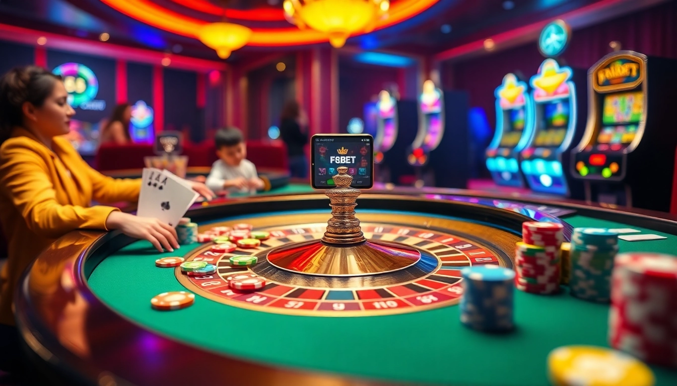 Players enjoying the F8BET online betting experience with roulette, poker, and smartphone interfaces.