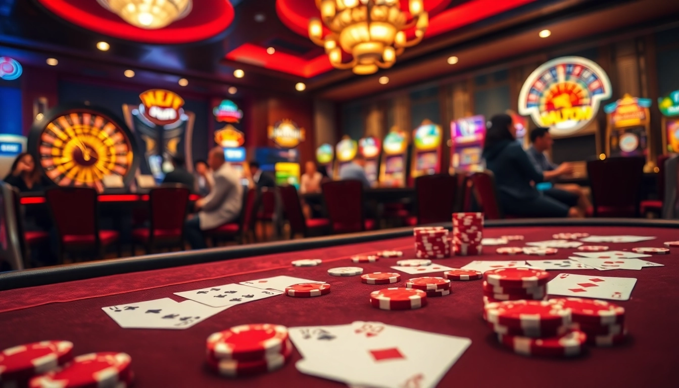 Experience the thrilling atmosphere at 888 new's luxurious casino with poker tables and slot machines.