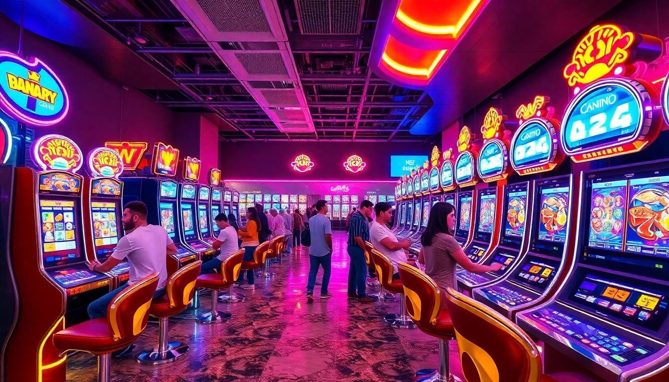 Exciting gaming lounge with doaslot machines, vibrant lighting, and enthusiastic players.