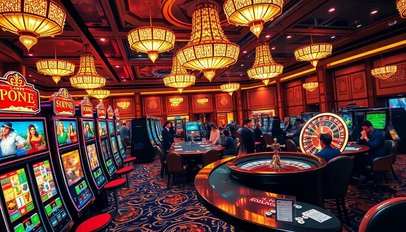 Exciting gameplay at a 슬롯사이트 with vibrant slot machines and a spinning roulette wheel.