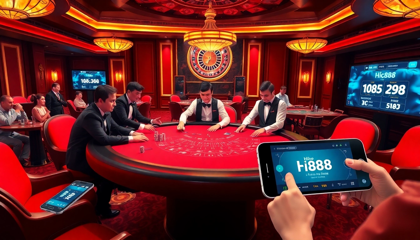 Players engaging in a thrilling game at nhà cái hi88 casino, with chips and cards in action.