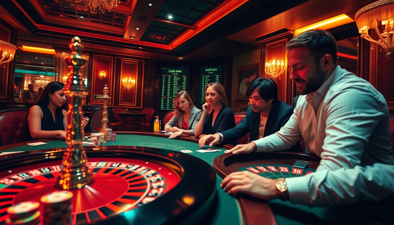 SboBet gaming scene with enthusiastic players at a roulette table in a luxurious casino setting.