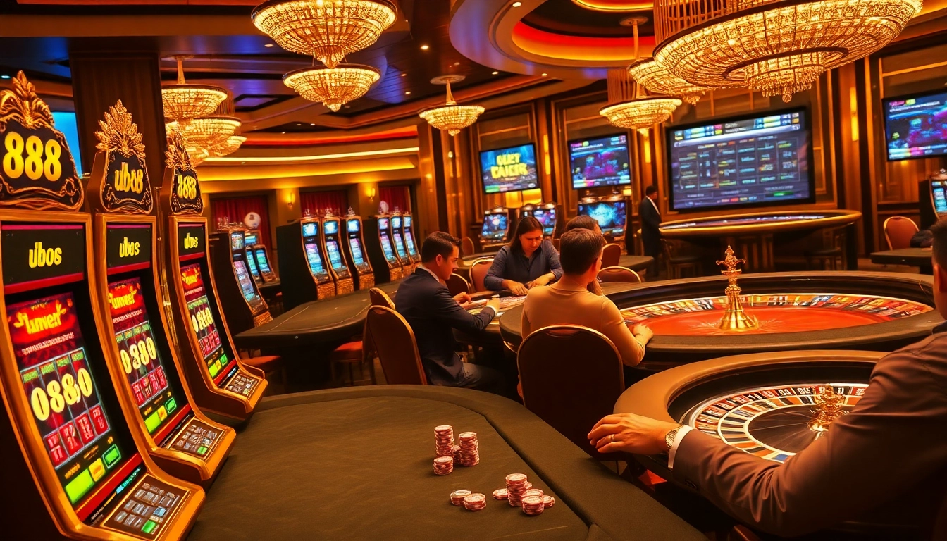 Players enjoying high-stakes games at u 888 casino with rich visuals of roulette and poker tables.