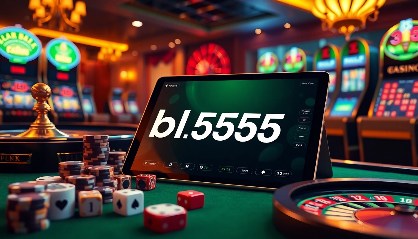 Experience the excitement of bl555 through a luxurious casino scene featuring poker chips and a roulette wheel.