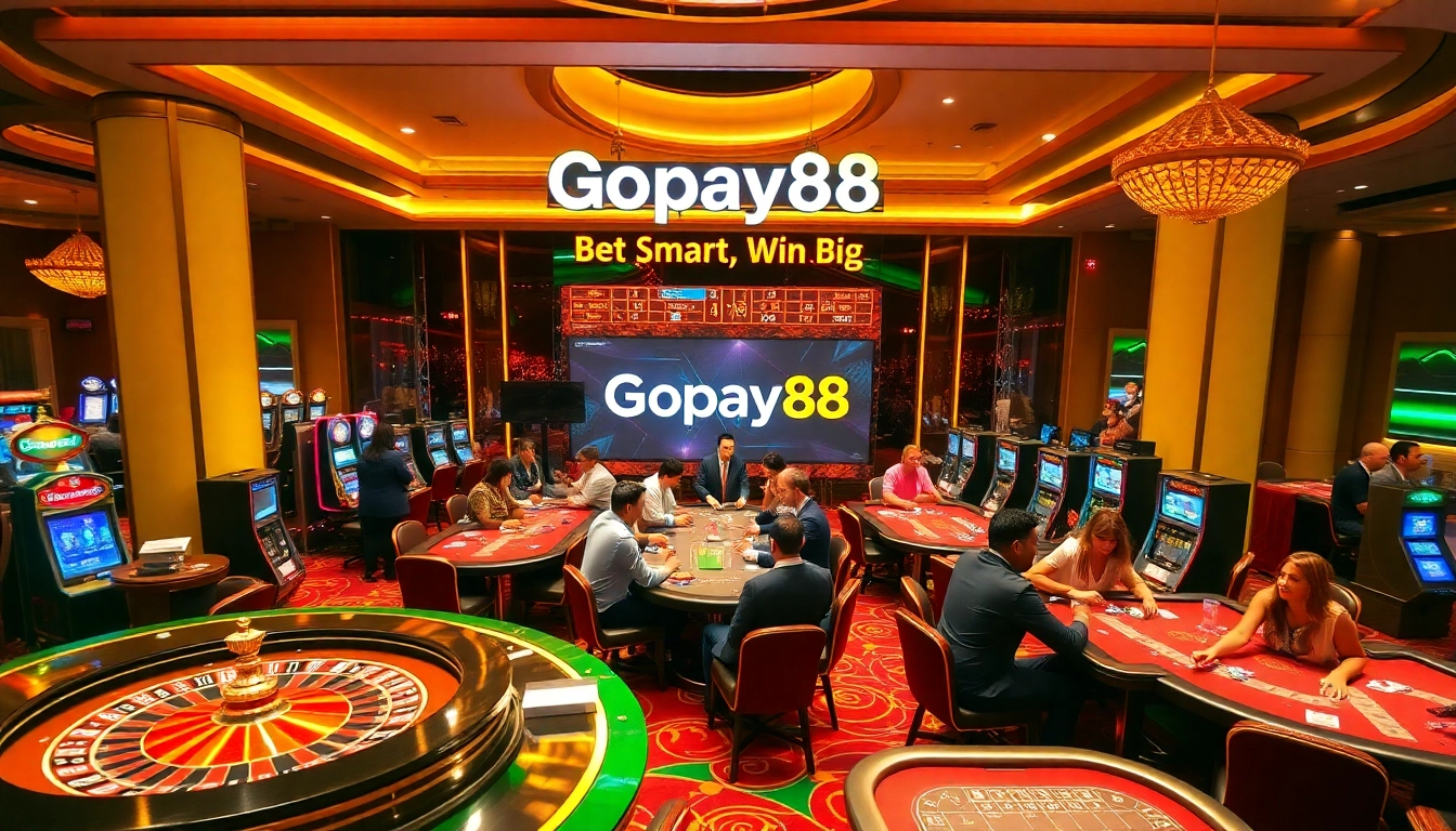 Gopay88 players enjoying the thrill of casino gaming at roulette and poker tables.