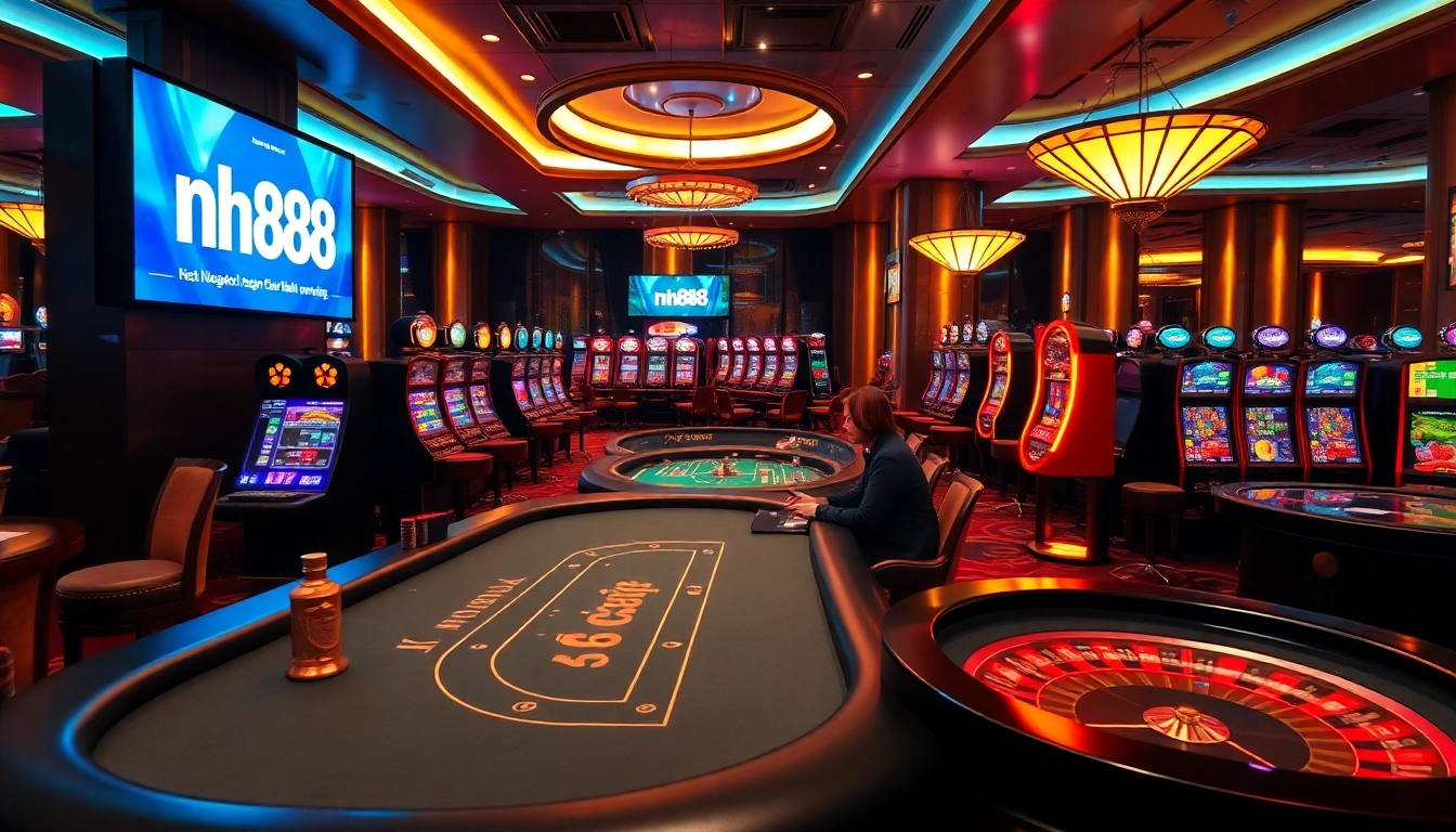 Experience exciting gameplay with nh88 at a luxurious casino featuring poker tables and vibrant slot machines.