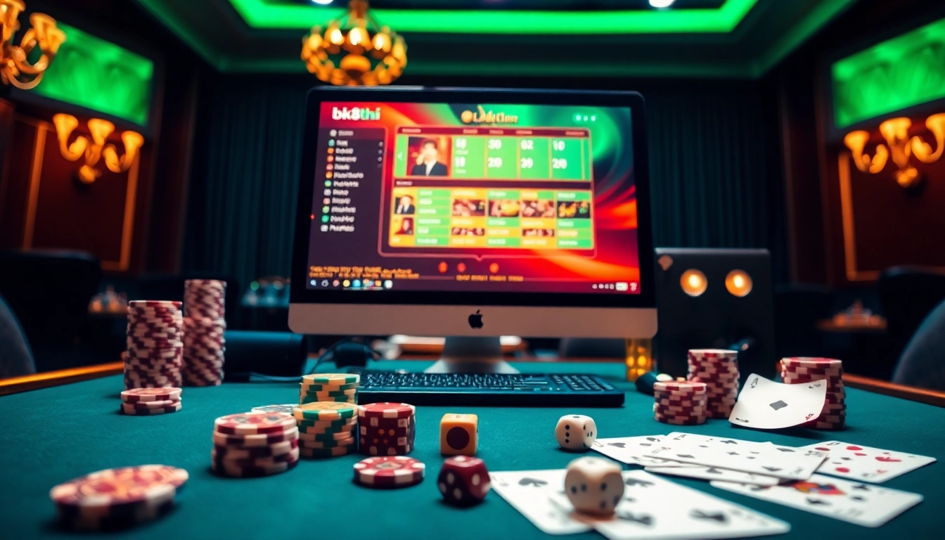 Experience thrilling gameplay with bk8thai ทางเข้า on a sleek computer setup surrounded by poker chips and cards.