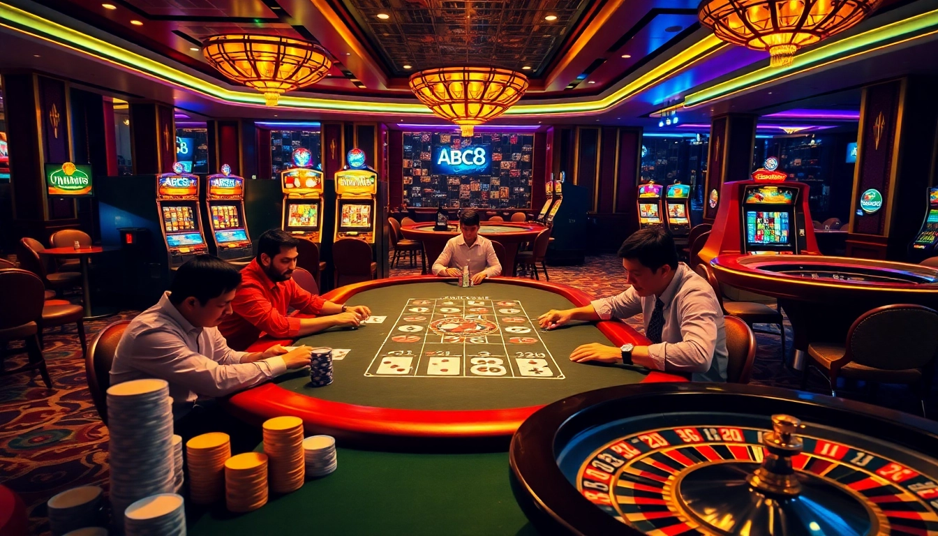 Experience high-stakes poker at ABC8, where professional players engage in thrilling gameplay amid a luxurious casino setting.