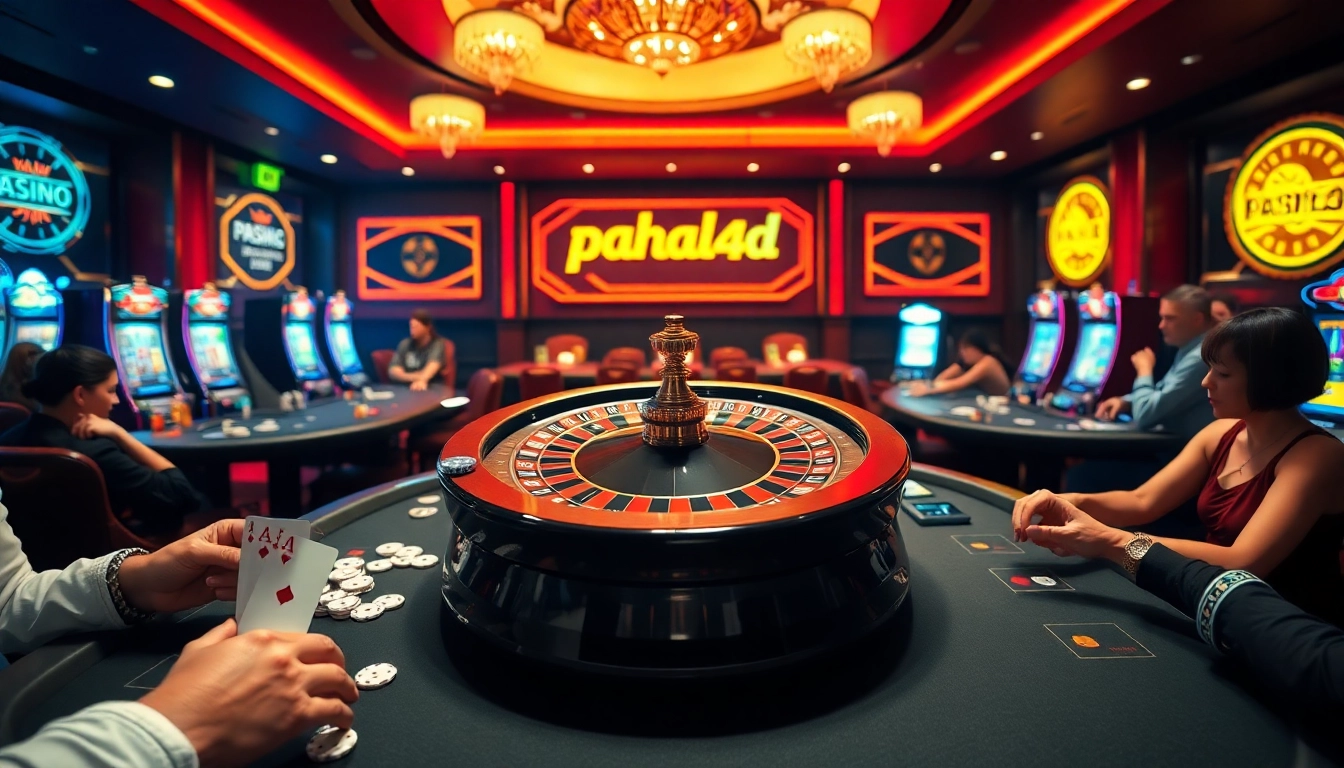 Pahala4d casino scene featuring players at roulette and poker tables, evoking excitement and luxury.