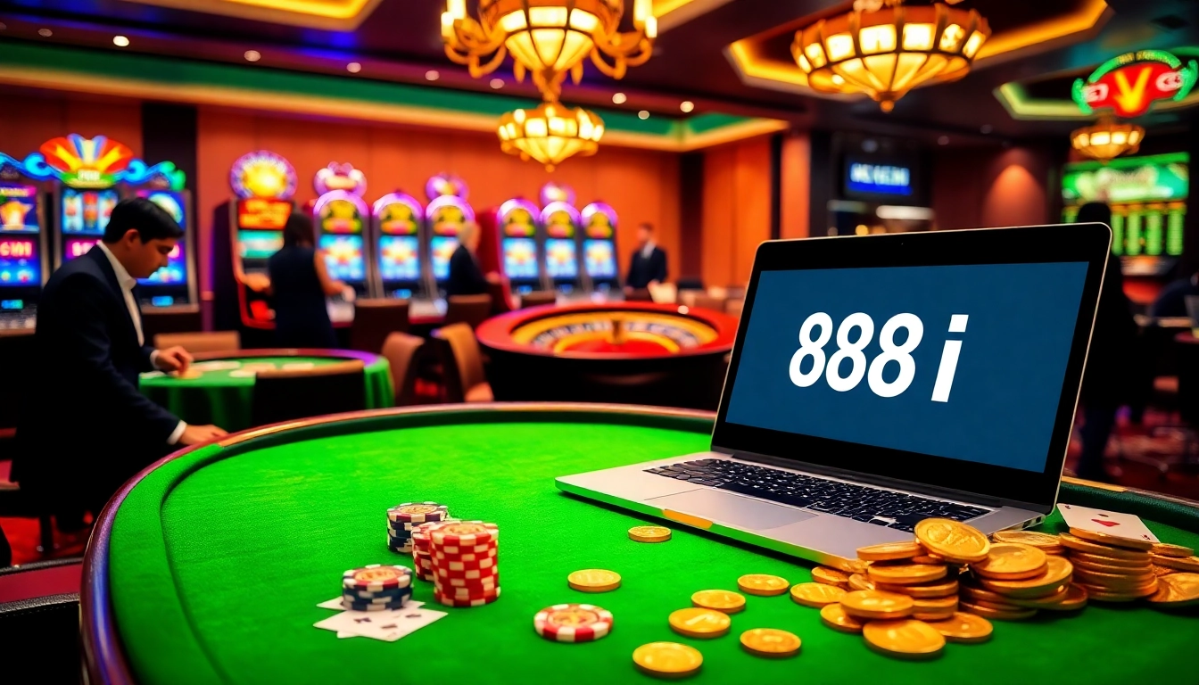 Engaging casino scene featuring link 88i on a laptop amidst vibrant gambling elements.