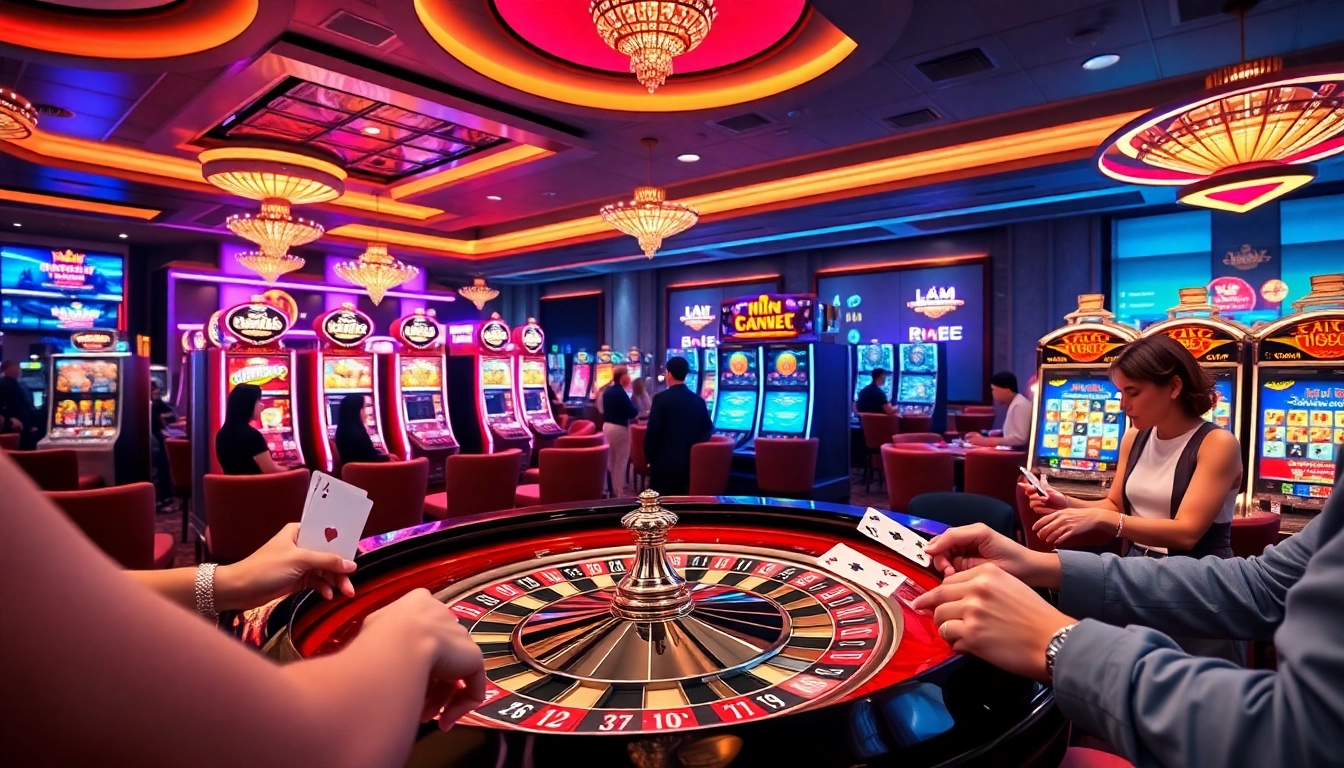 Exciting gameplay at https://rr88c.mobi/ showcasing a vibrant casino atmosphere with roulette and slot machines.
