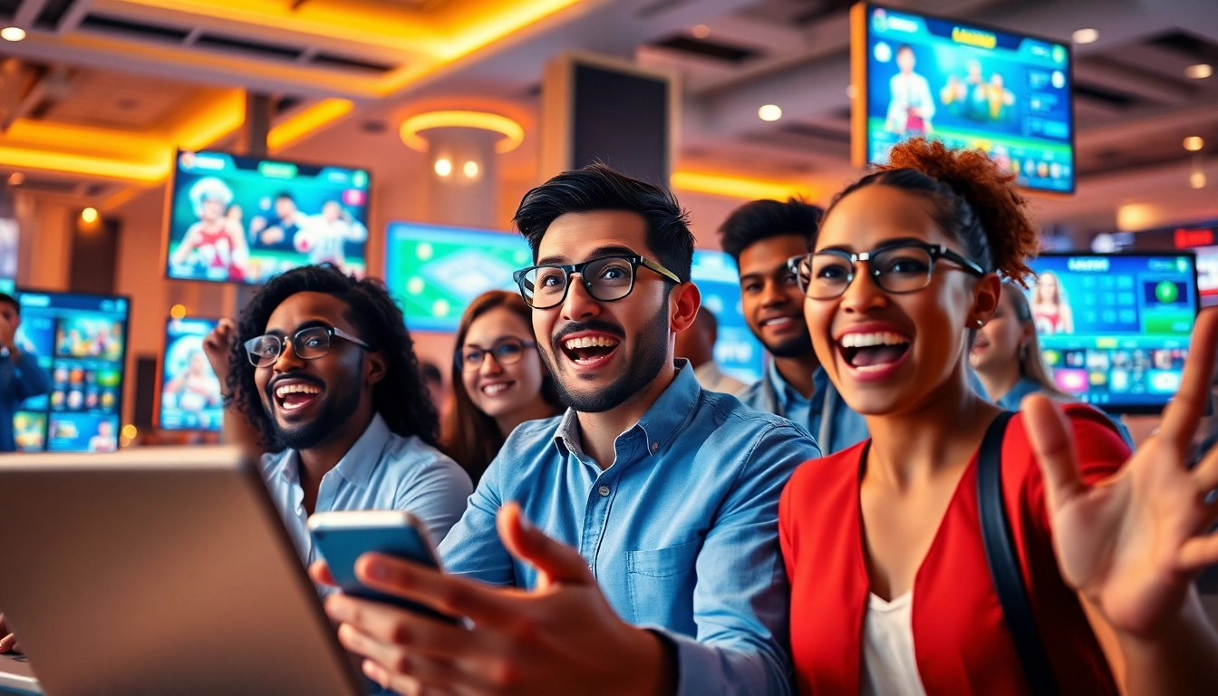 Top 10 nhà cái uy tín illustrated with excited players engaging in online betting.