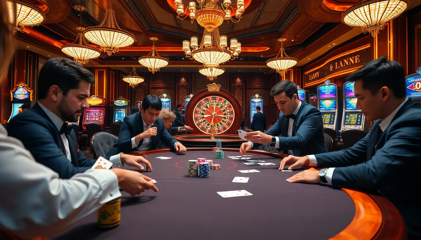 High-stakes poker game at a luxurious casino featuring bk8thai ทางเข้า elements.