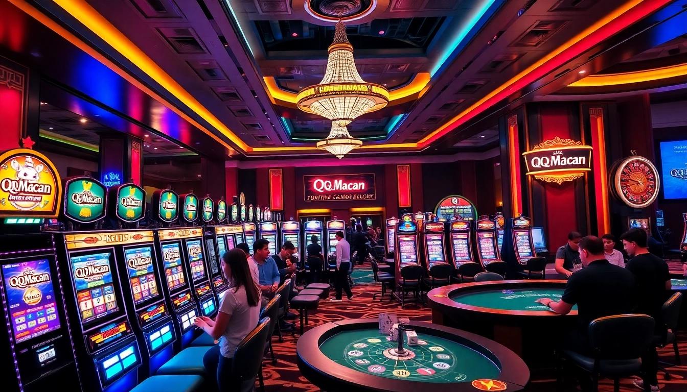 Players enjoying QQMacan slot machines in an exciting casino atmosphere with vibrant lights.