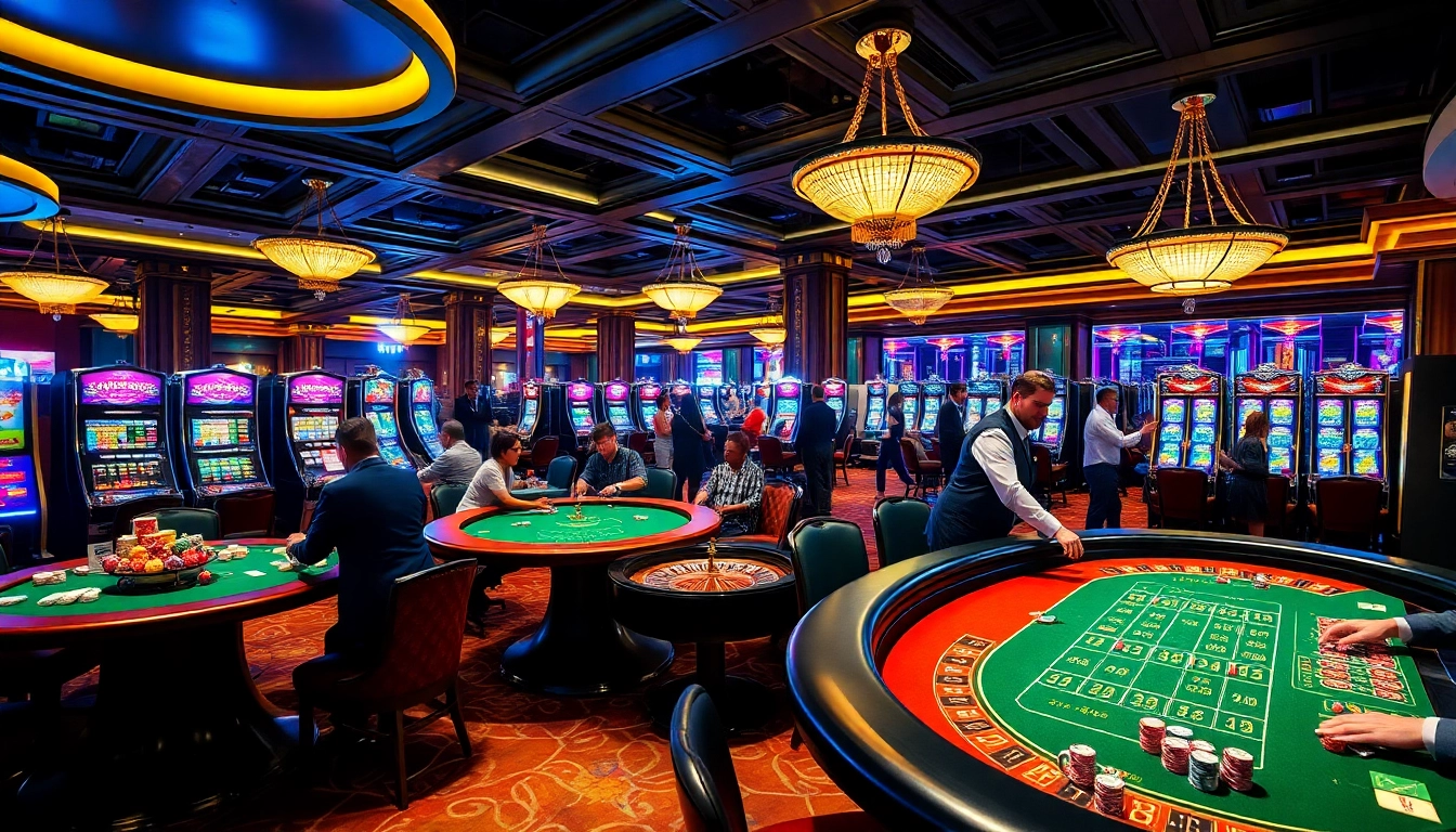 Engage in casino games at KUWIN, featuring vibrant poker tables, slot machines, and players enjoying a luxurious ambiance.
