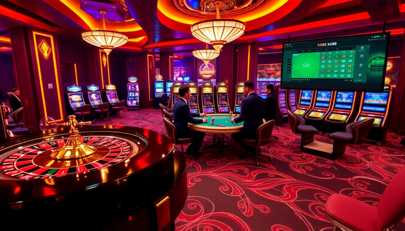 Experience the thrill of xx88 gaming at a luxurious casino with vibrant lights and professional players.