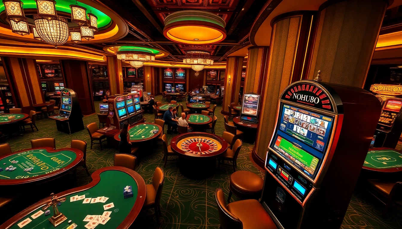 Experience lively casino action with NOHU90's vibrant gaming atmosphere featuring poker and slots.