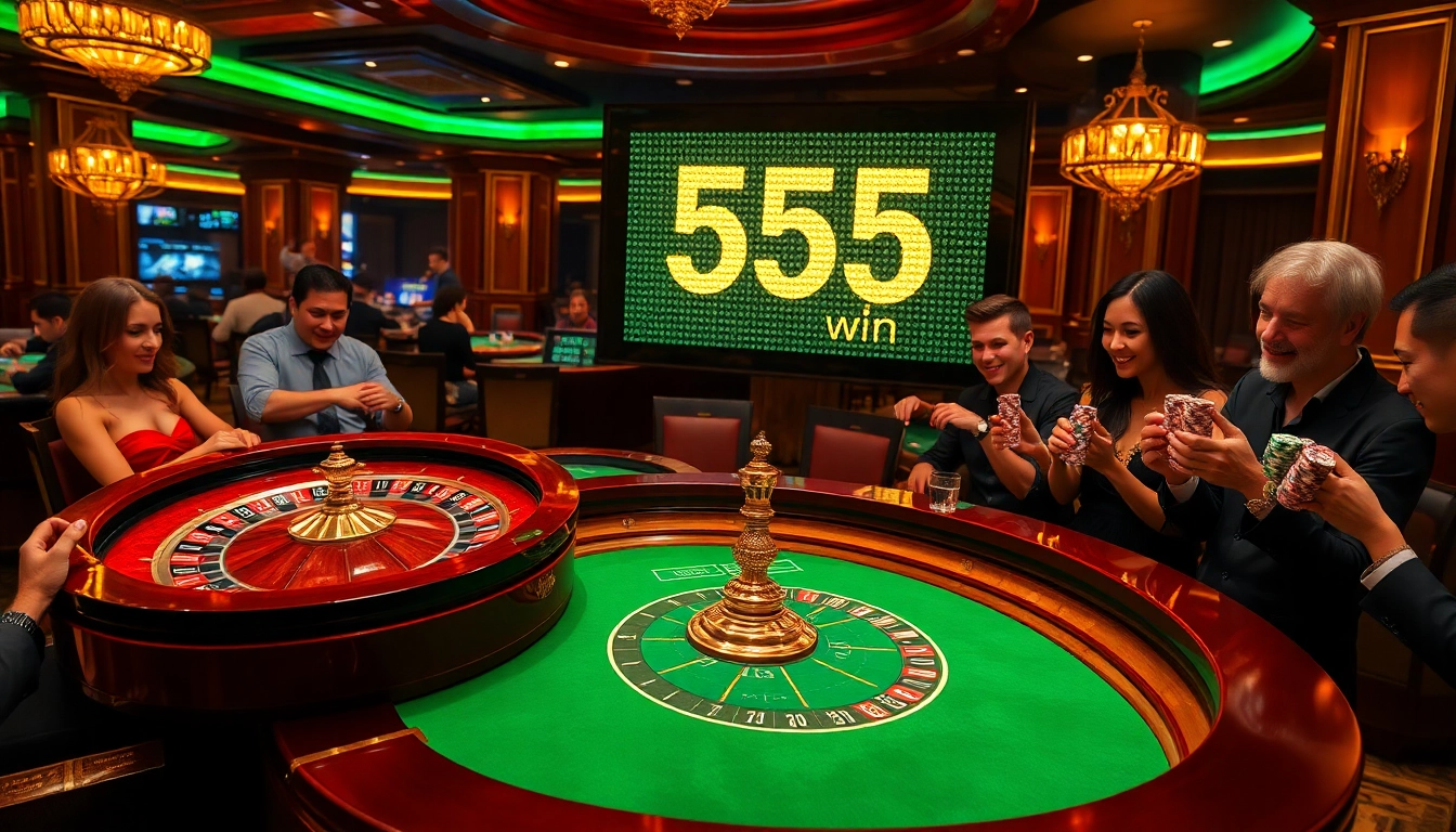 Experience the thrill of the 555 win at a luxurious casino as gamblers place bets around a vibrant table.