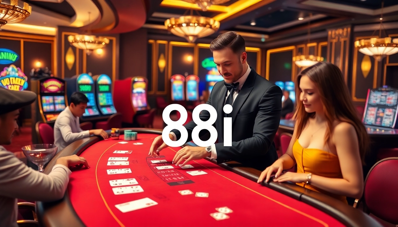 Players engaging at a luxurious blackjack table with a charismatic dealer at 88i casino.