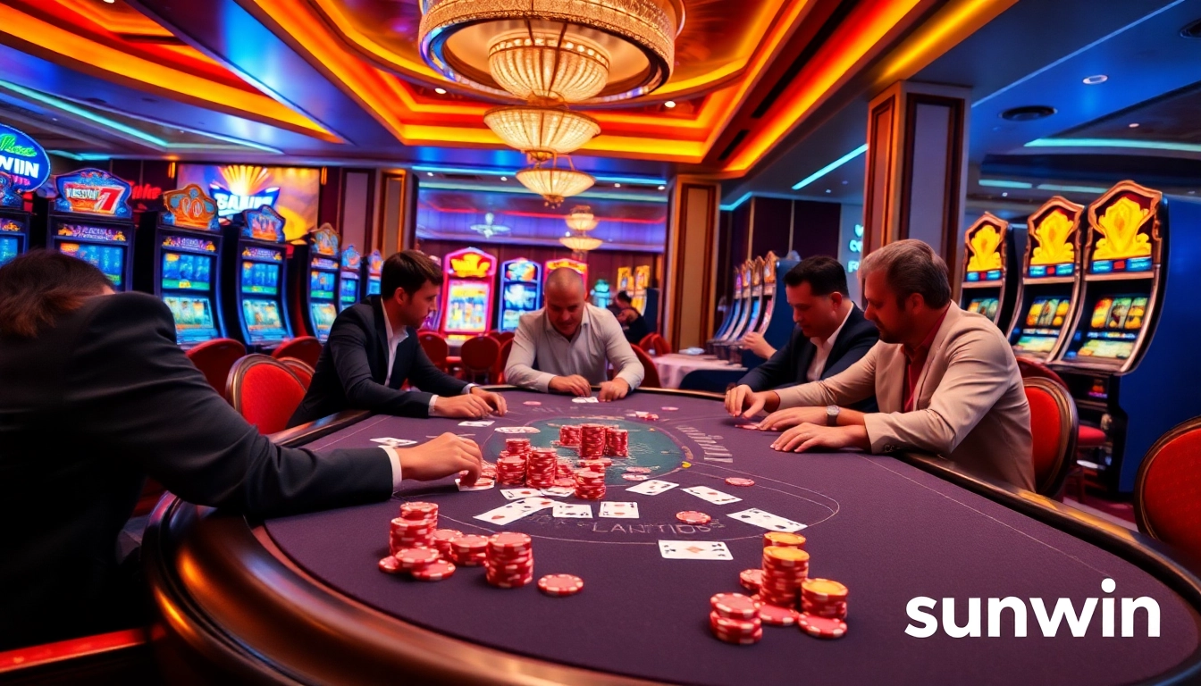sunwin players enjoying poker in a luxurious casino setting with colorful chips and cards