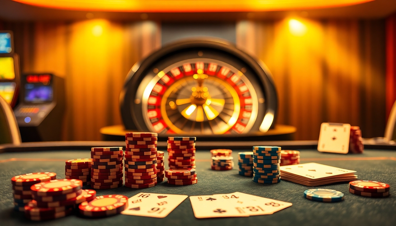 Engage in the excitement of RR88 with a luxurious casino scene featuring poker and roulette.