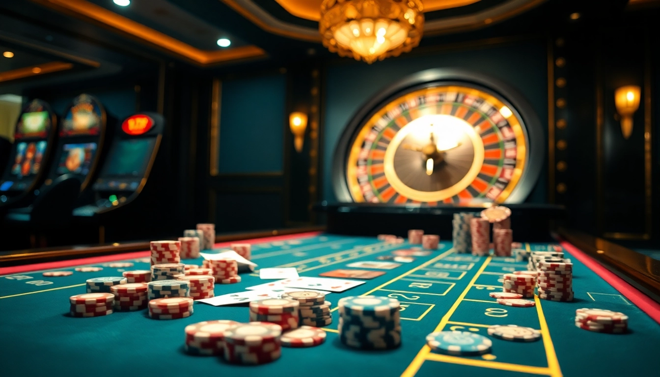 Experience the excitement of RR88 with a vibrant casino scene featuring poker chips and a roulette wheel.