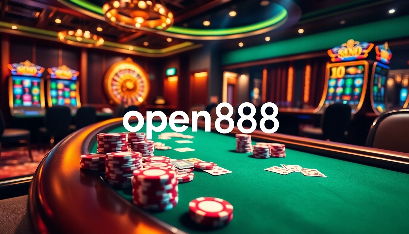 Experience the excitement of open888 at an elegant casino table with shining poker chips and vibrant slot machines.