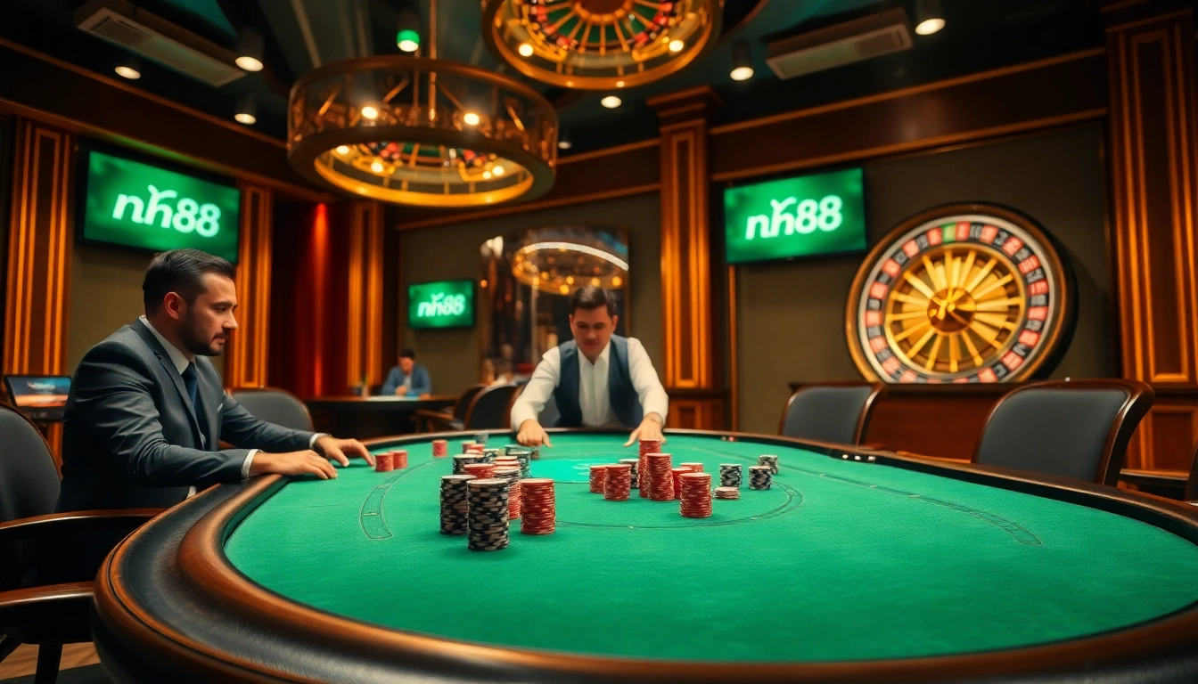 Engaged players at a poker table in a luxury casino reflecting the thrill of nh88 gambling.