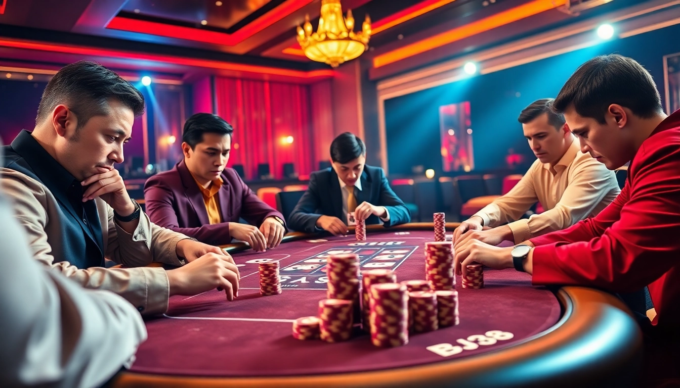 Players at a BJ38 poker table focusing on their hands amid vibrant casino lights.