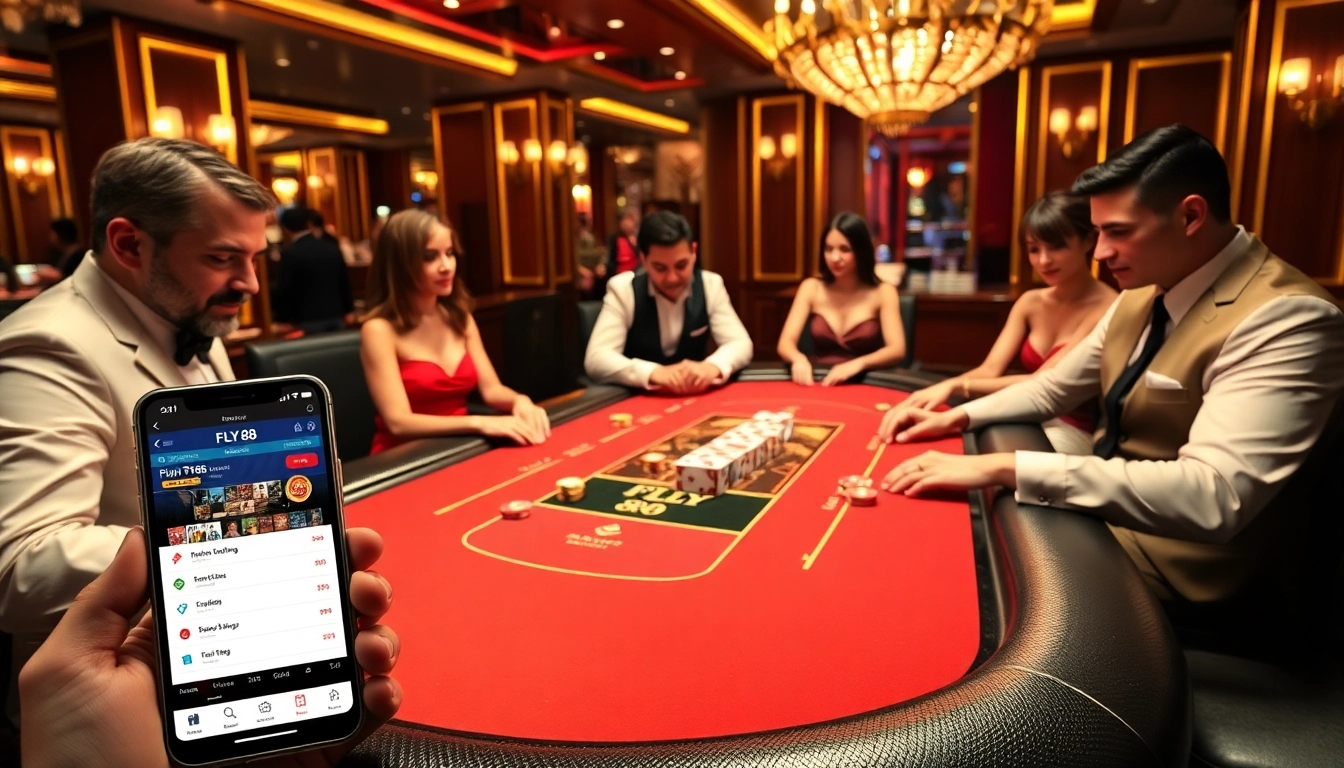 Engaging FLY 88 poker action with vibrant chips and expert players in a luxurious casino setting.