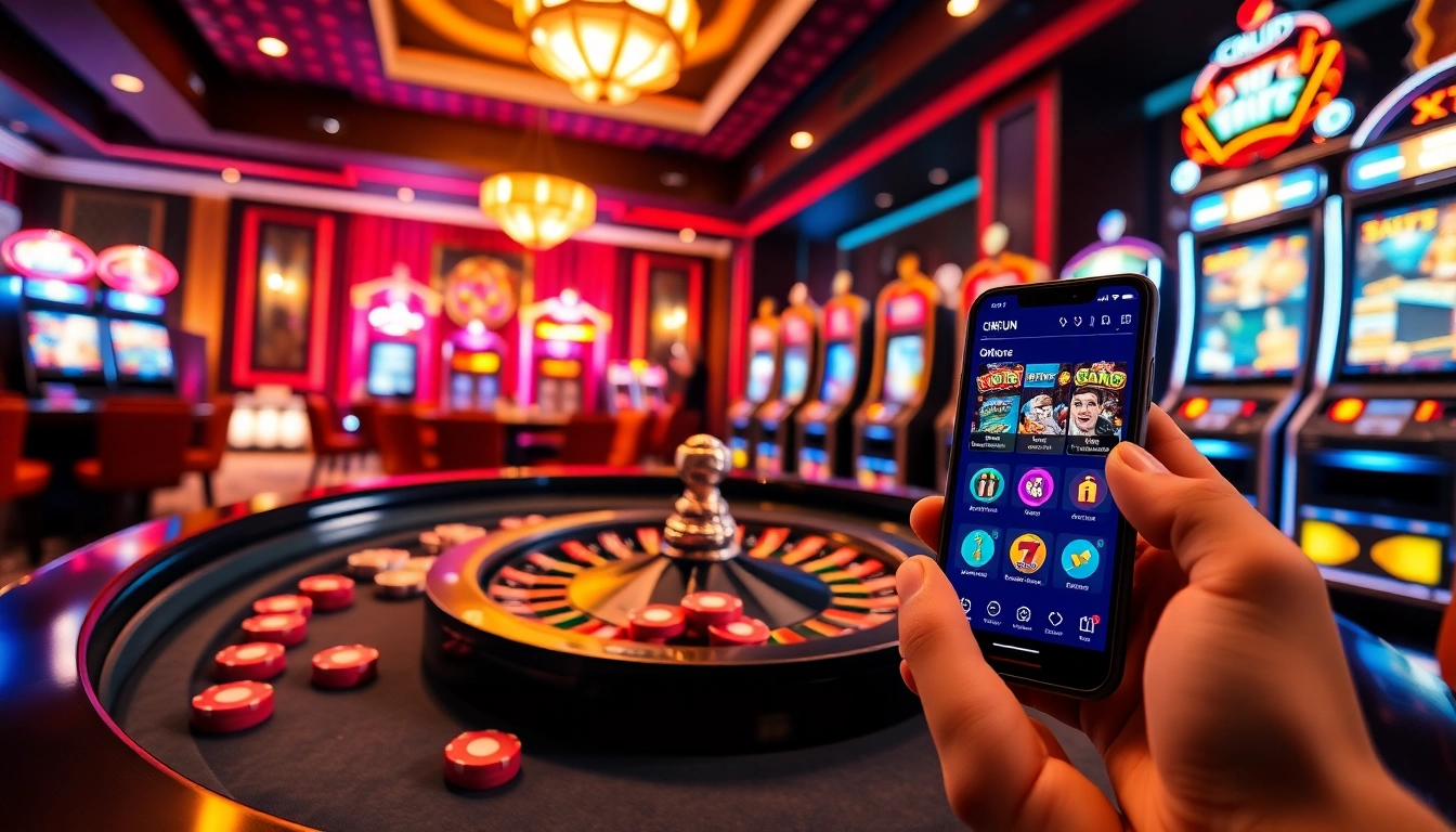 Engage with thrilling slot machines and roulette, experiencing OKFUN excitement in a luxurious casino.