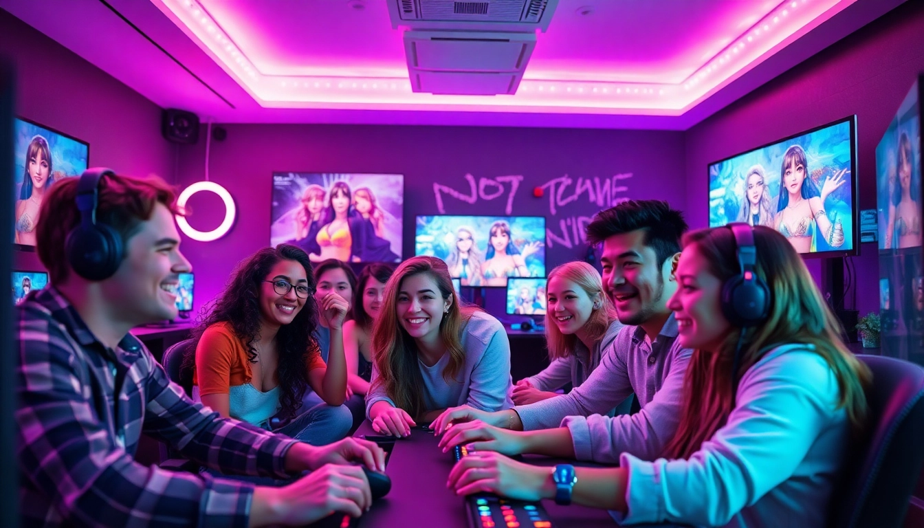 Porn game enthusiasts enjoying an interactive gaming session in a vibrant studio.