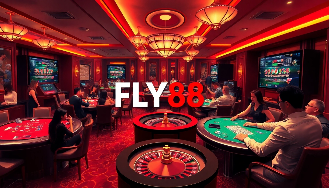 Experience the thrill of FLY88 Đăng kí in a luxurious casino setting, featuring vibrant tables and chip stacks.