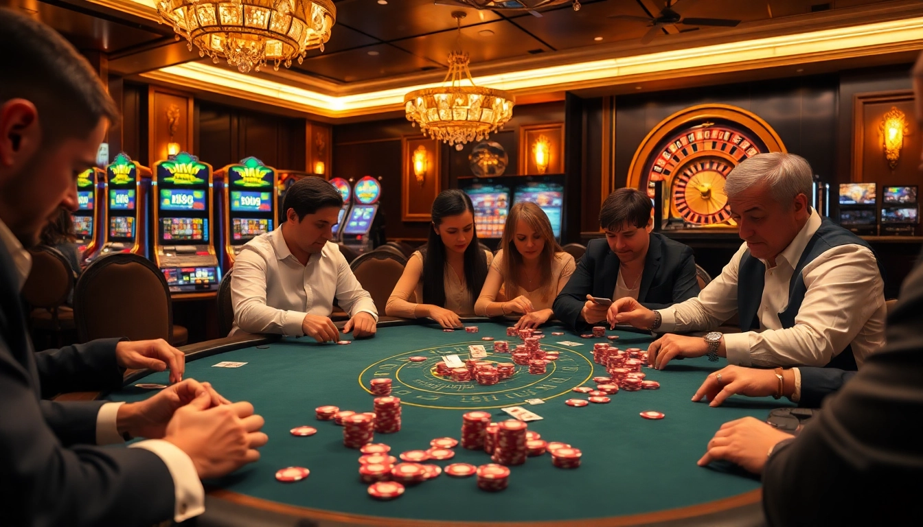 Players strategizing at a luxurious casino table while engaging with XSMB 247 lottery.
