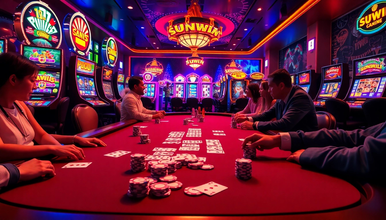 Engaged players enjoying a thrilling game at a sunwin poker table in a luxurious casino setting.