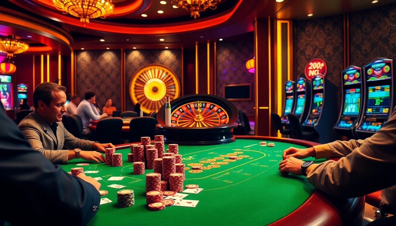 Experience high-stakes poker action at https://kk55.fit/ with vibrant chips and an illuminated roulette wheel.