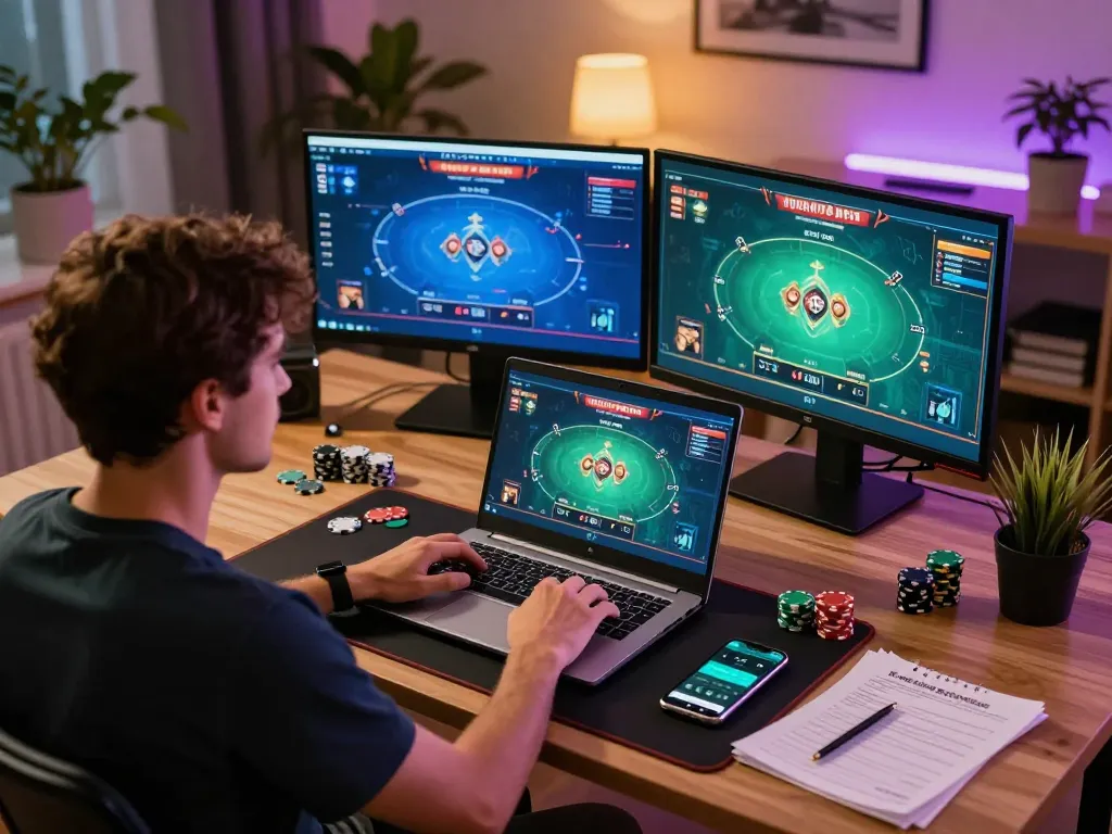 Player immersed in online poker game at 123hero.pro with strategy notes and laptop setup.