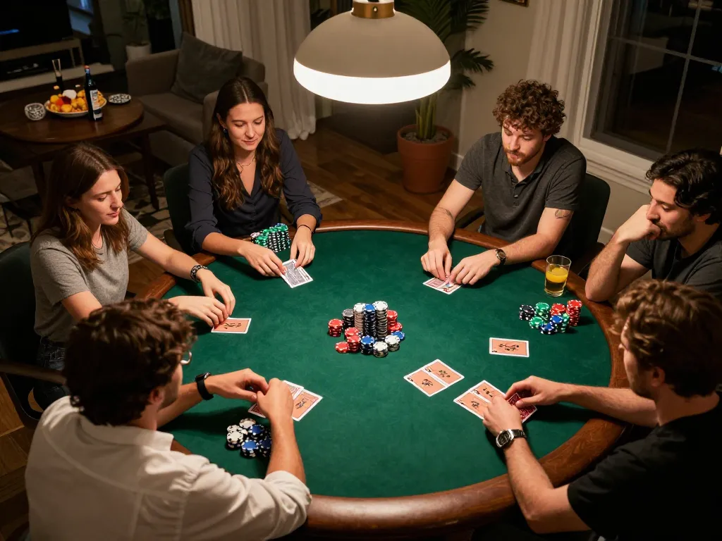 Friends enjoying a poker game night at home with snacks, drinks, and lively interactions, featuring https://88bet.zone/ social gambling experience