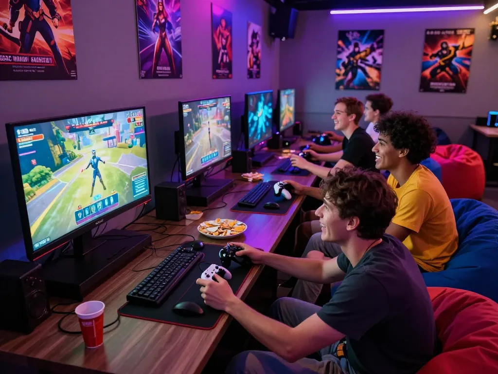Friends playing an engaging adult game in a lively gaming lounge.