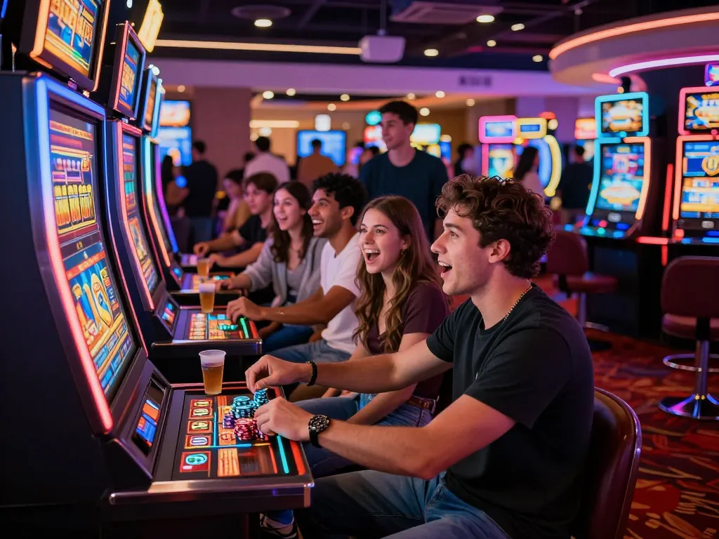 Excited friends experiencing slot gacor hari ini in a bright casino.