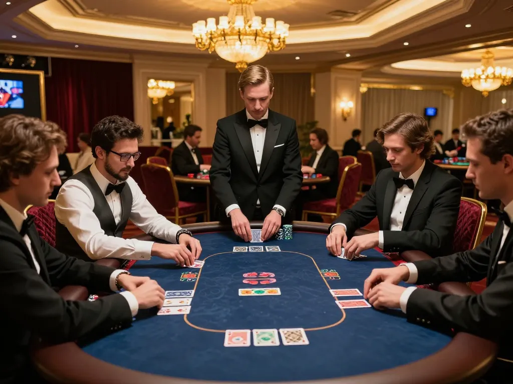 An intense poker game in luxury casino setting showcasing nk88 com, players focused on their bets.