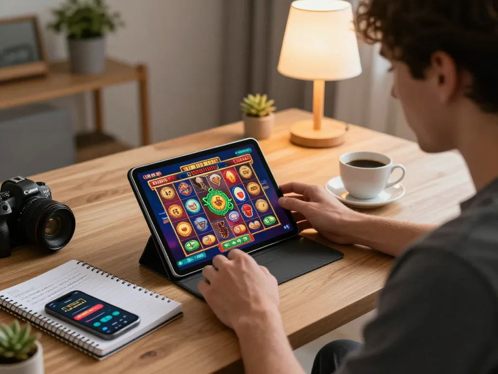 Player engaged in a situs slot game on a tablet, focusing on strategy and gameplay in a cozy home environment.