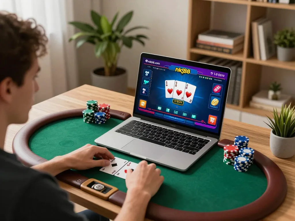 Player strategizing game moves on their laptop using nk88 com platform in a cozy home office.