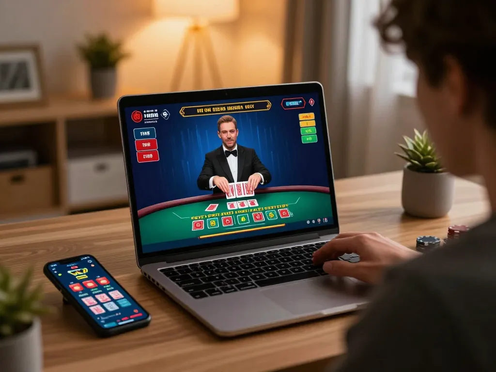 Engaging in live dealer games on CasinoAtlas, a player focuses on their laptop screen with strategic bets.