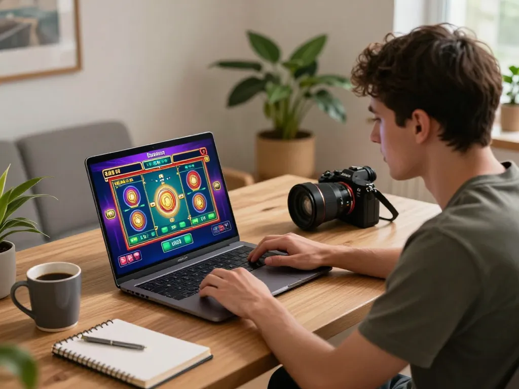 Player enjoying a thrilling slot game experience on 789win's platform in a cozy home setup.